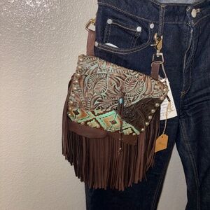 HIP BAG CO. Espresso Deerskin Fringe Hip/Crossbody Handmade Leaf Aztec Bag